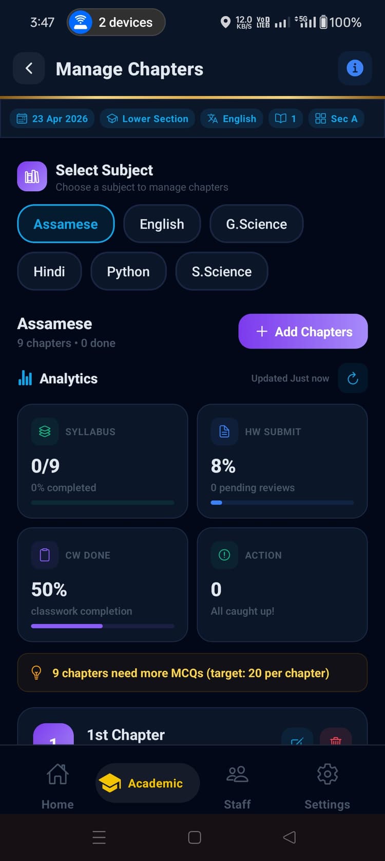 Manage chapters with live analytics