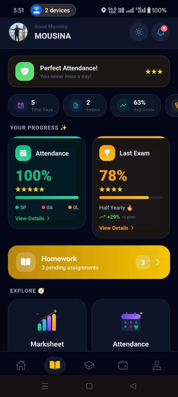 Your progress — attendance, last exam, homework
