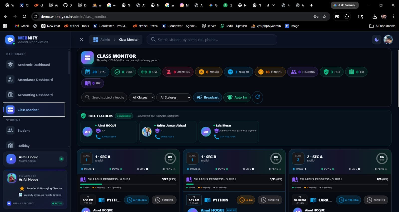 Class Monitor — 20 classes, every period