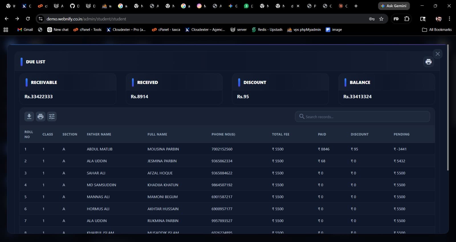 Due list per class — name, phone, amount
